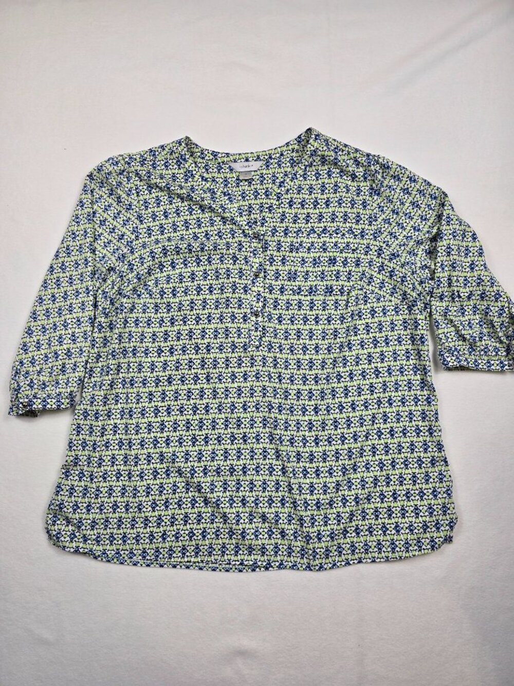CJ Banks Womens 1X Blue & Green Floral Print 3/4 Sleeve Blouse